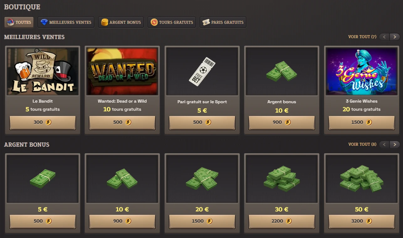 Boutique de récompenses SpinBoss avec les bonus en argent, les tours gratuits et les paris gratuits disponibles contre des pièces