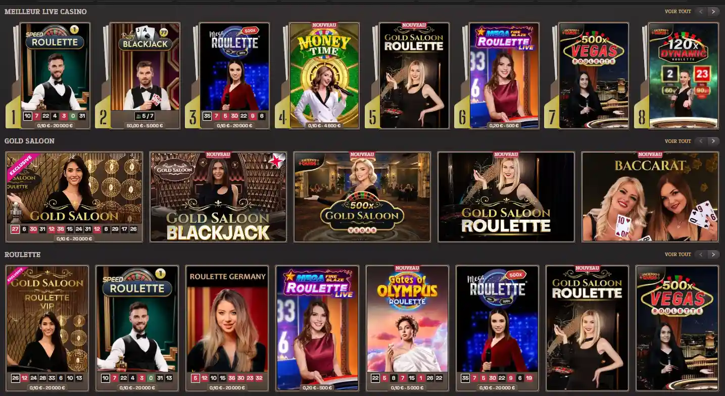 Section Casino en direct de SpinBoss avec la roulette, le blackjack, le baccarat, les Game Shows et Gold Saloon