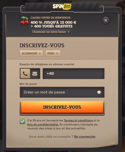 Formulaire d'inscription de SpinBoss Casino avec les champs de création de compte, le choix du pays et de la devise