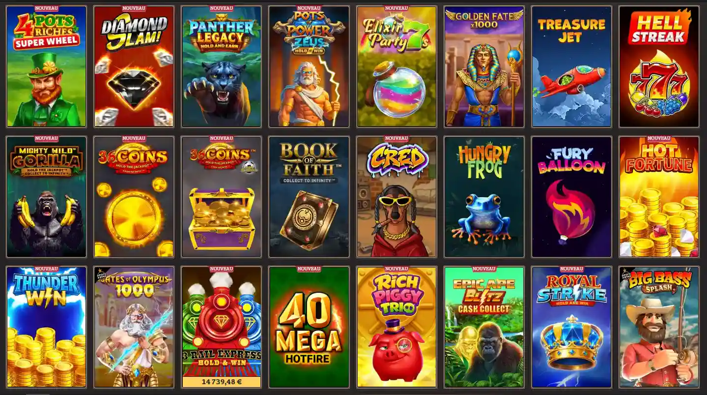 Catégories de jeux disponibles sur SpinBoss Casino avec les machines à sous, nouveautés, Megaways et jeux instantanés