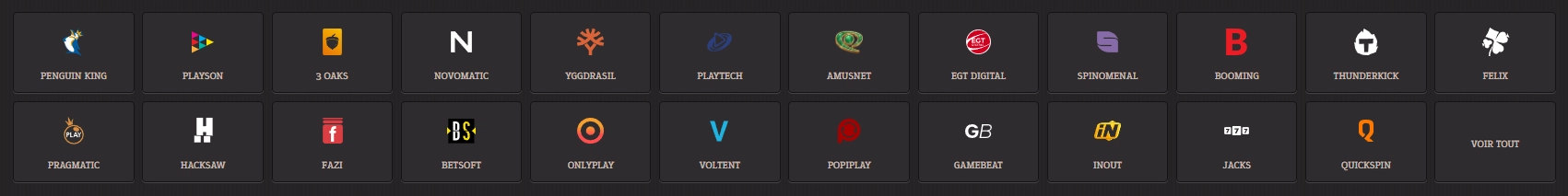 Fournisseurs de jeux présents sur SpinBoss Casino comme Pragmatic Play, Playtech, Novomatic et Amusnet