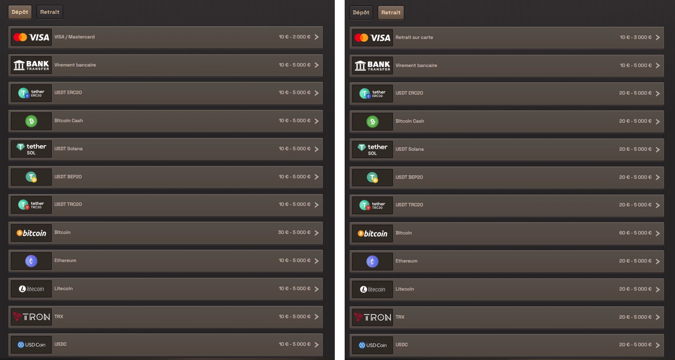 Méthodes de dépôt et de retrait disponibles sur SpinBoss Casino avec les cartes bancaires, les virements et les cryptomonnaies