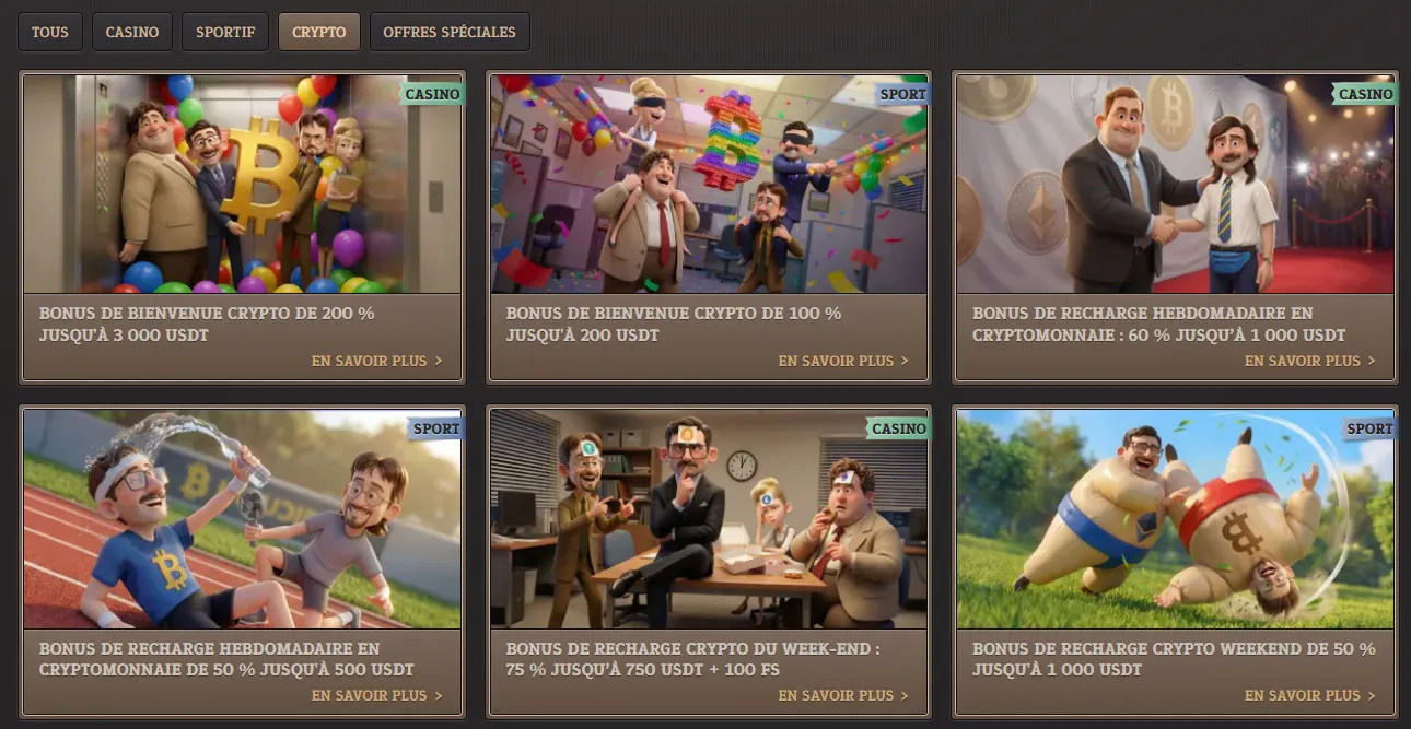 Promotions en cryptomonnaies avec bonus de dépôt et offres hebdomadaires sur SpinBoss Casino