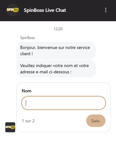 Fenêtre du chat en direct SpinBoss permettant de contacter le service client depuis la plateforme
