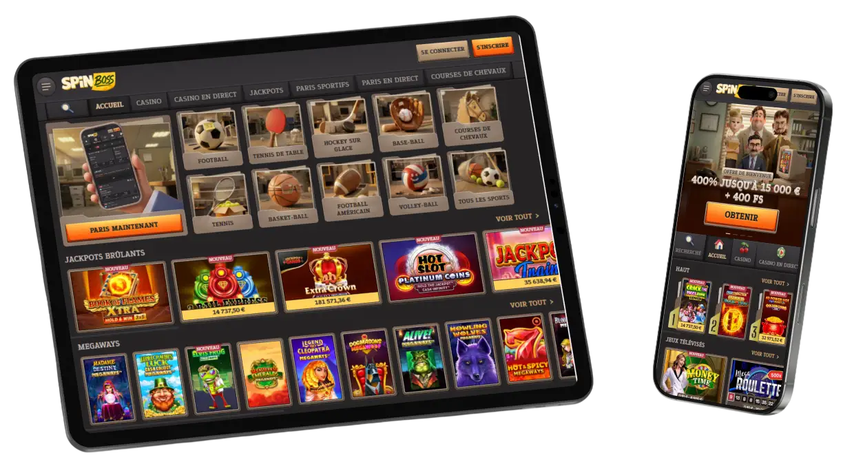 Version mobile de SpinBoss Casino sur smartphone et tablette avec un accès complet au casino, aux paris sportifs et aux promotions